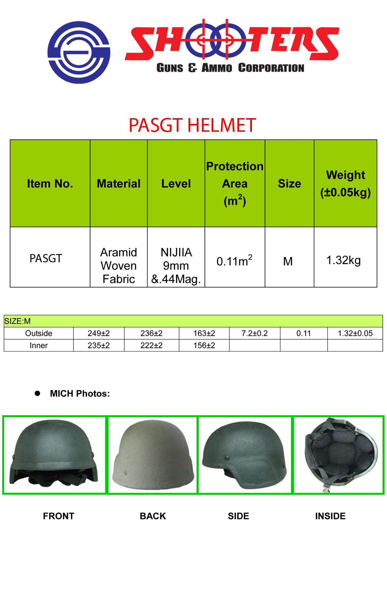 Shooters Arms Manufacturing Incorporated Ballistic Helmet PASGT